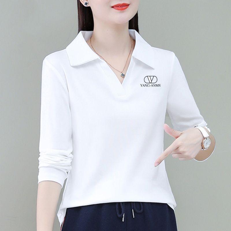 Solid Color Lapel T-shirt Women's Inner Wear Spring Autumn New Year Polo Collar Mother's Long-sleeved Base Shirt Top