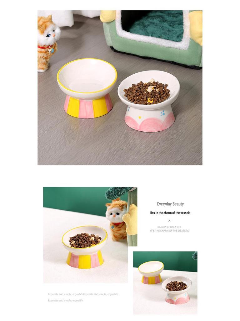 Hand-Painted Ceramic Cat Bowl: Cute, Multi-functional, Slanted for Neck Protection, High-Legged Design Suitable for Food & Water
