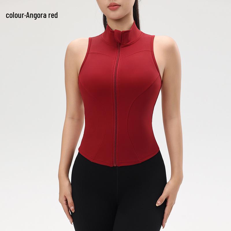 Dámský nahý top na jógu se zipem a ochranou proti nárazům - Zeštíhlující bez rukávů se stojáčkem pro letní venkovní sporty.