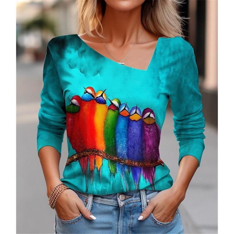 Seksowny diagonalny kołnierzyk z uniwersalnym cyfrowym nadrukiem 3D T-shirt damski na co dzień wiosna jesień długi rękaw koszulka rekreacyjna odzież