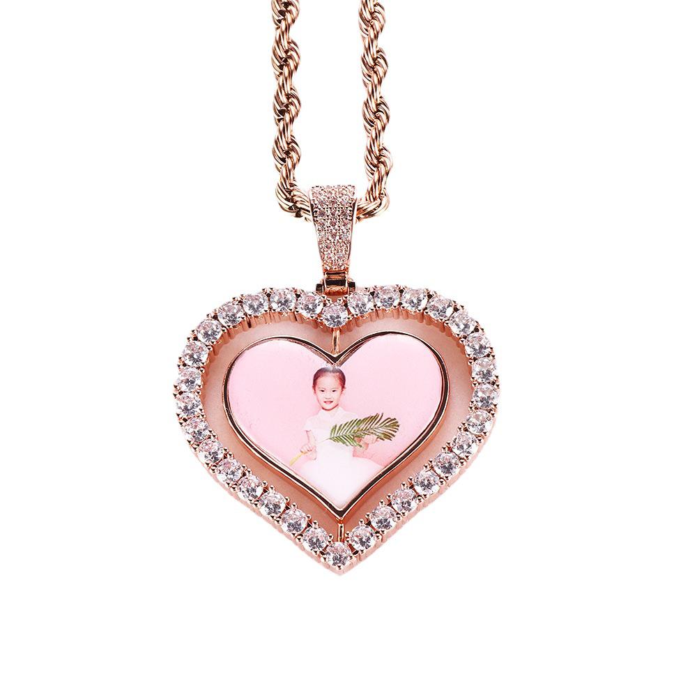Rotatable Double-Sided Heart Photo Pendant Necklace with Zirconium Inlay - Yunyi Jewelry