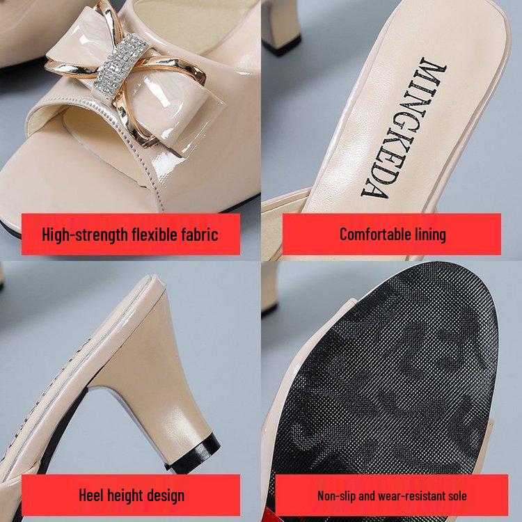 2022 Summer Mid-Heel Peep-Toe Bow Strap Stiletto Slippers for Women - Plus Size Available