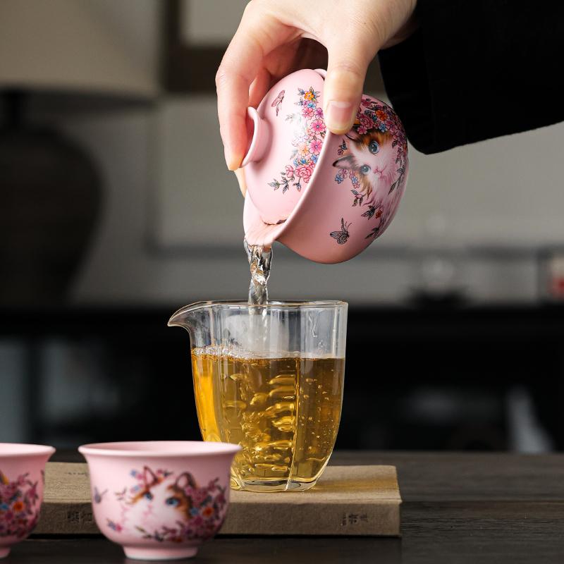 Pink Ru Kiln Gai Wan Persian Cat Pattern Household Ceramic Tea Bowl Lady Tea Set Natural Openning Kung Fu Tea Set Tea Ceremony