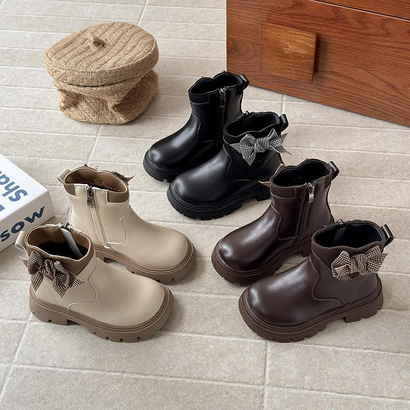 Girls Winter Warm Faux Leather Martin Boots With Bow Detail Low-Cut Side Zip Snow Kids Ages 1-12