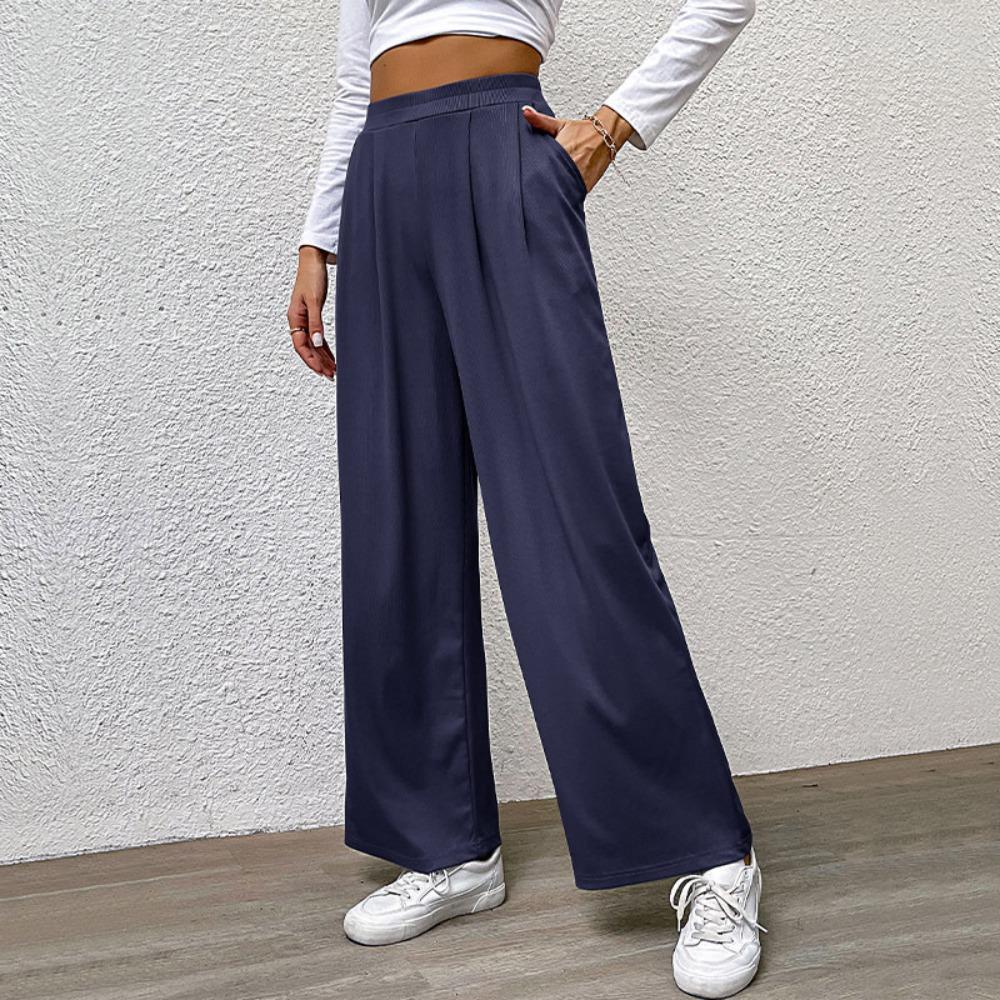 Women s Mid Rise Palazzo Pants Wide Leg Trousers Casual Solid Knit Long Pants S