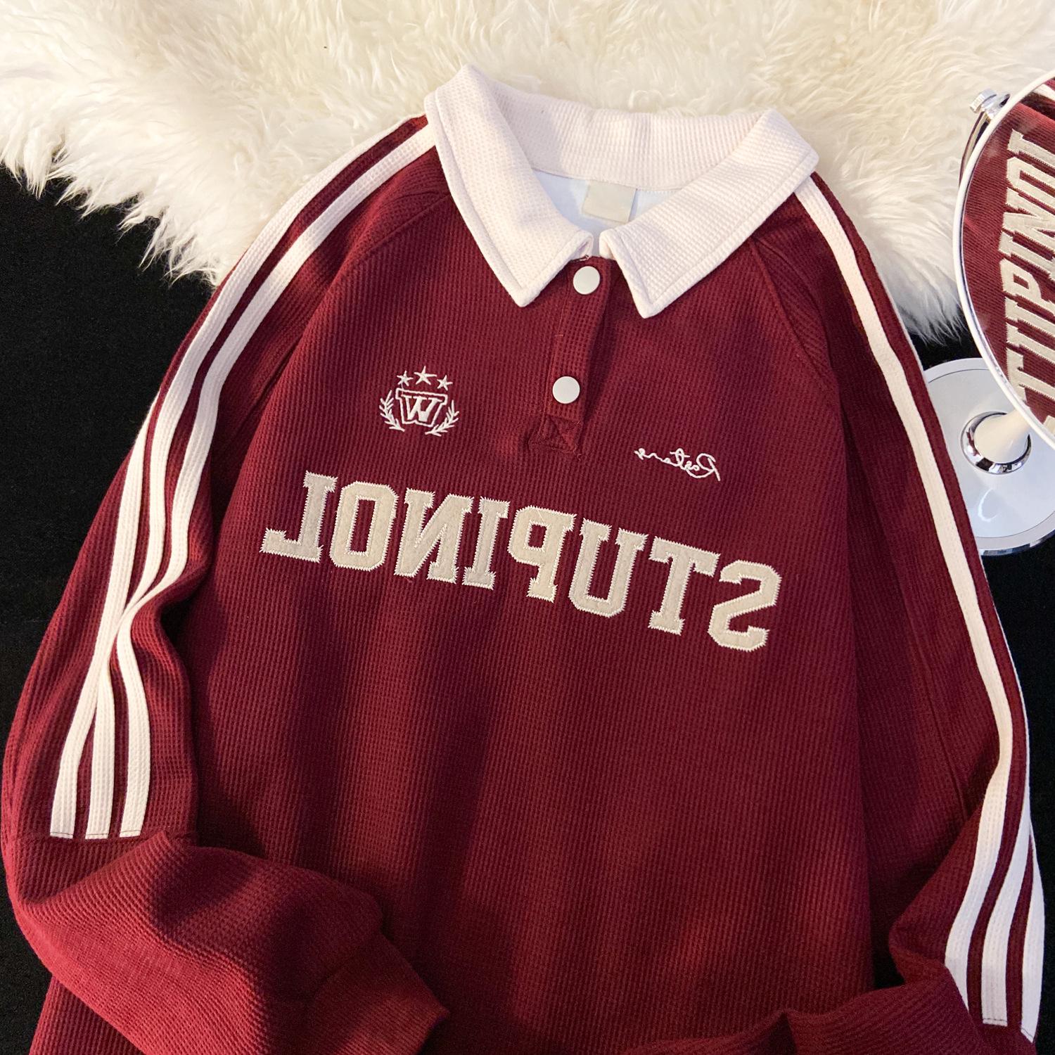 

Женский свитшот в американском ретро стиле с воротником поло - Весна/Осень 2025, хип-хоп, свободная куртка XL suitable for 125-150 lbs вино красного