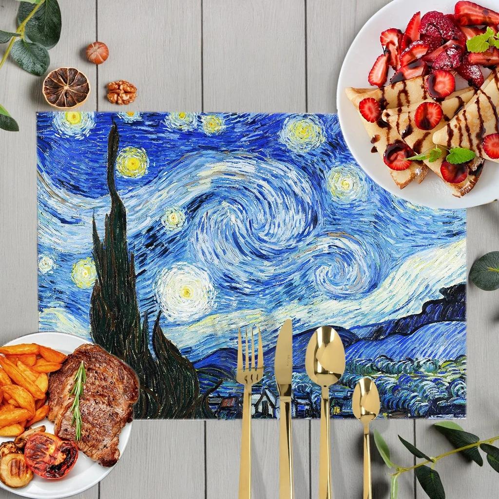Oil Painting Art Placemat Van Gogh Sunflower Countryside Style Printed Dining Table Tableware Insulation Mat Home Decoration