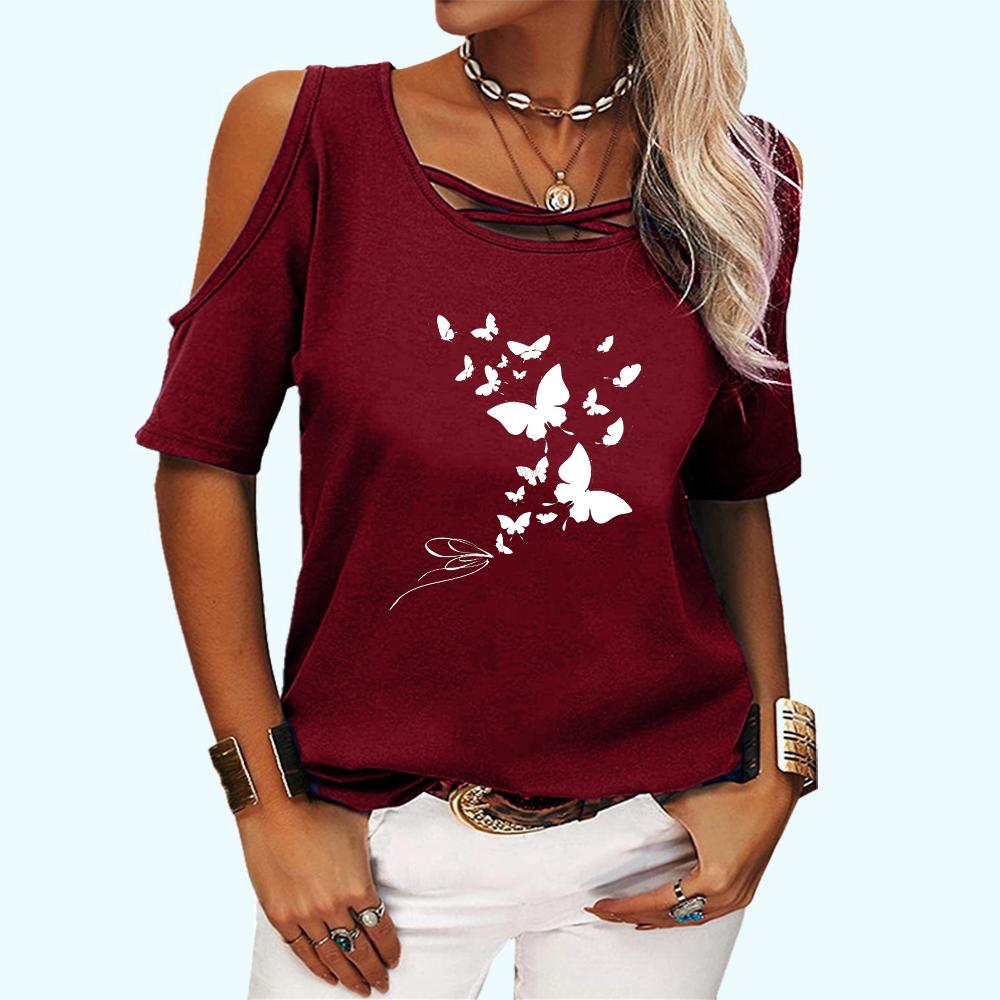 Women Fashion Off Shoulder Top Casual O Neck Summer Tee Shirt Butterfly Print Short Sleeve T-shirt