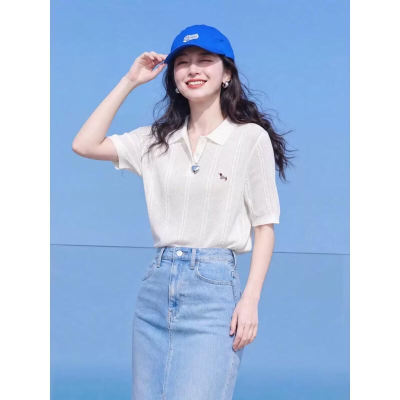 Basic House Women's Tencel Linen Puppy Embroidered Knit Polo