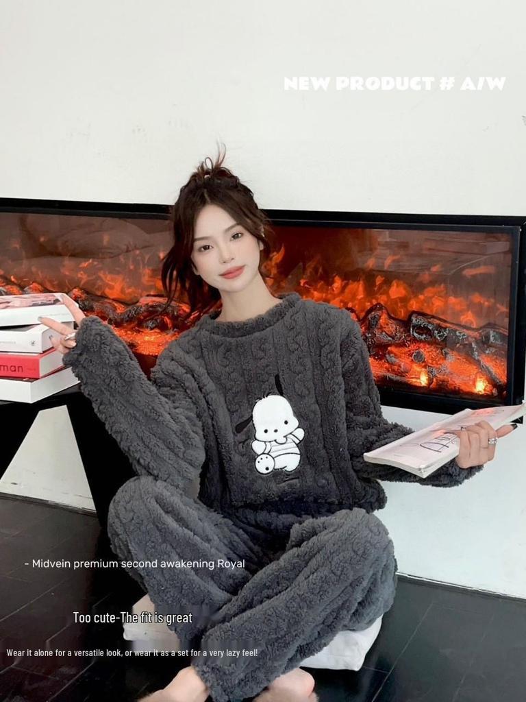 Damen Dickes Flanell Korallenfleece Pyjama Set - Niedlicher Langer Cardigan Homewear für Herbst und Winter