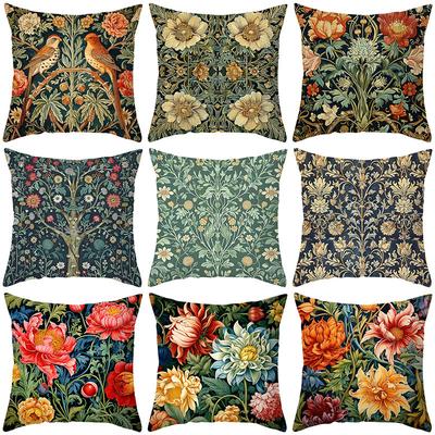 Retro Floral Pillowcase Peach Skin Printed Pillowcase Living Room Sofa Decoration Pillow Cushion Retro Style Wall