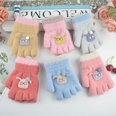 Winter New Big and Middle School Children's Half-finger Gloves, Student Writing Plush Warm Cartoon Woolen Gloves