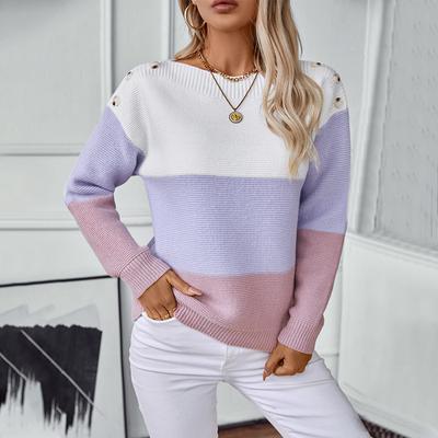 Contrast Color One-line Collar Button Pullover Women's European and American Sweater Autumn and Winter Casual Loose Sweater