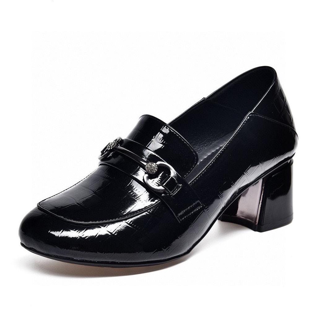 Deep Mouth Single Shoes Women's Autumn New Thick Heel Embossed Cow Patent Leather One Pedal Small Leather Shoes One Shoe Two Wear Women's Shoes