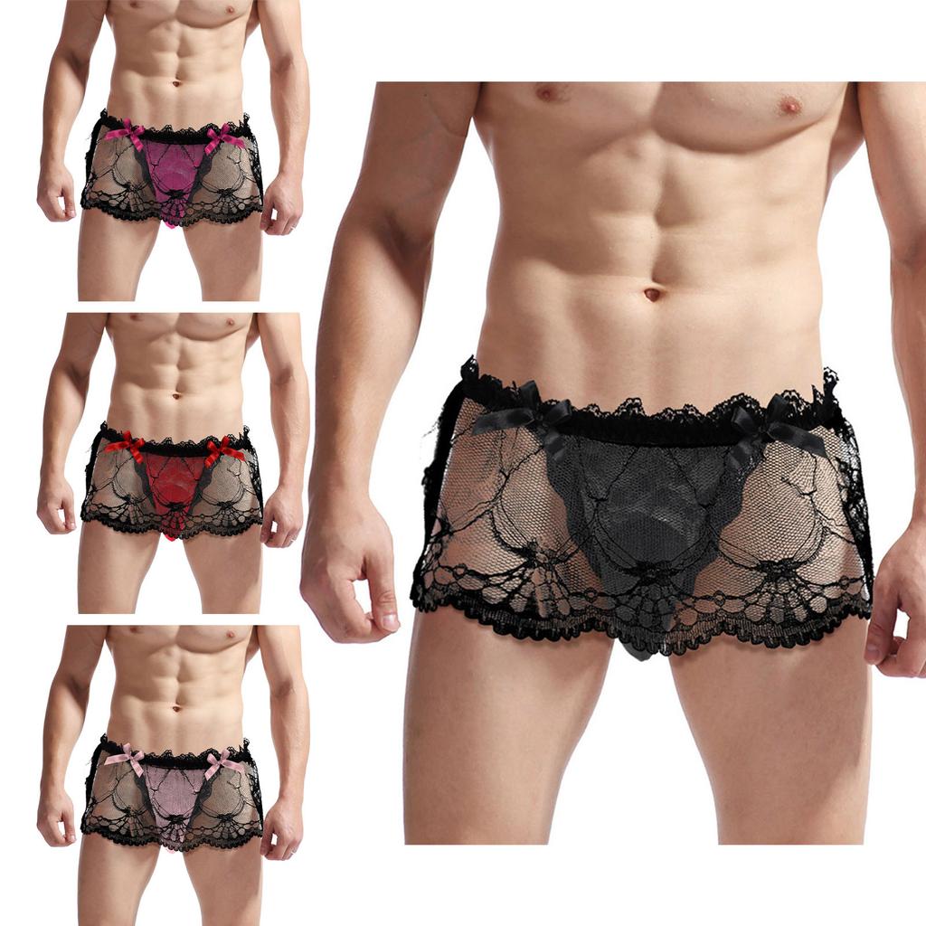 Men's Sissy Lace Skirted T-Back Frilly Bowknot Decor Crossdresser Underwear Lingerie