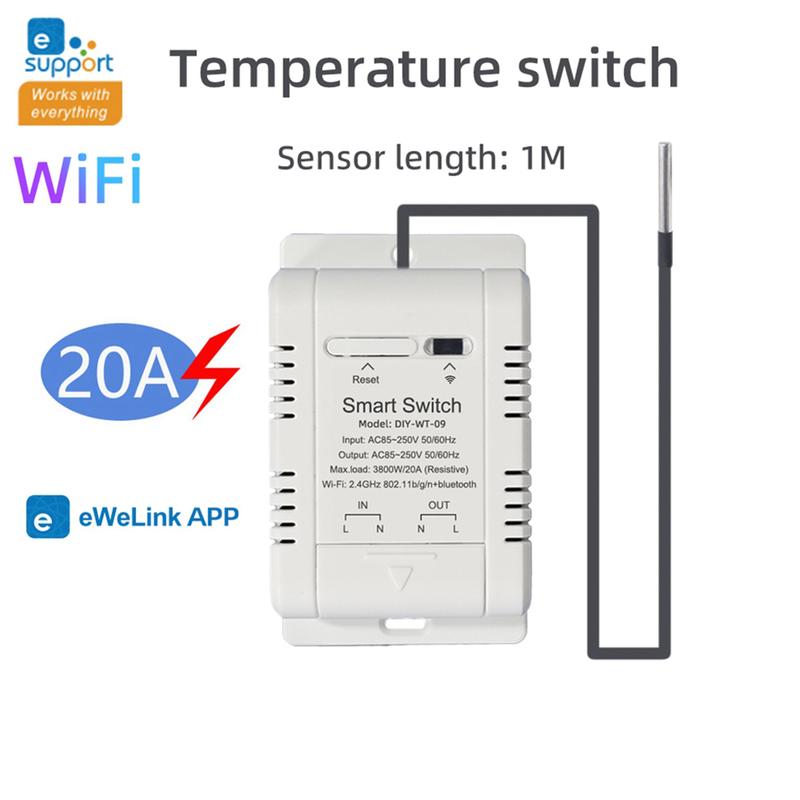 WiFi Temperature Switch with 1M Sensor EWelink Smart WiFi 20A Thermostat Temperature Switch Supports Voice ControlJAS