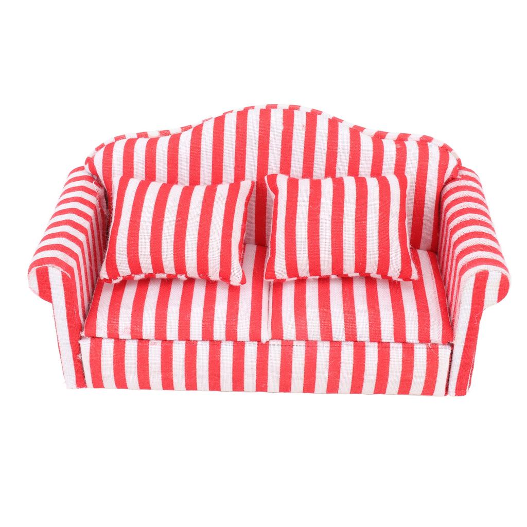 3Pcs   Sofa Set Pine Cloth Double Sofa 2 Single Sofa Light Color Strip  ature Sofa for 1:12 Doll House