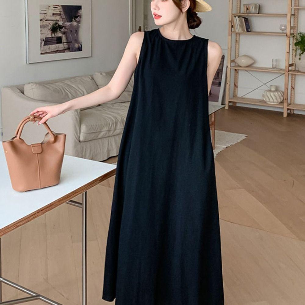 Round Neck Vocation Vest Dresses Hollowed Out Open Back Long Dress Summer Sleeveless Dress  Teens
