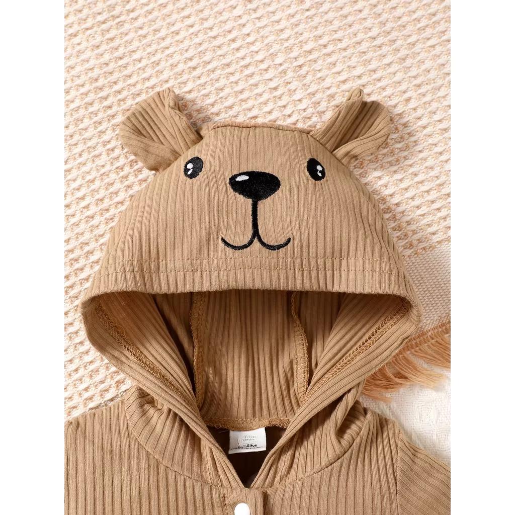 0-9 Monate Neugeborenes Baby Junge Mädchen Gerippt Braun Kurzarm Bär Print Mit Kapuze Strampler Mode Süßer Jumpsuit Foto Outfit