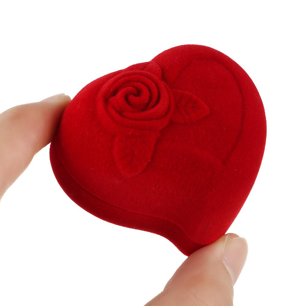 Wedding Heart Shape Velvet Jewelry Box Ring Display Box Red Rose Double Ring Storage Box
