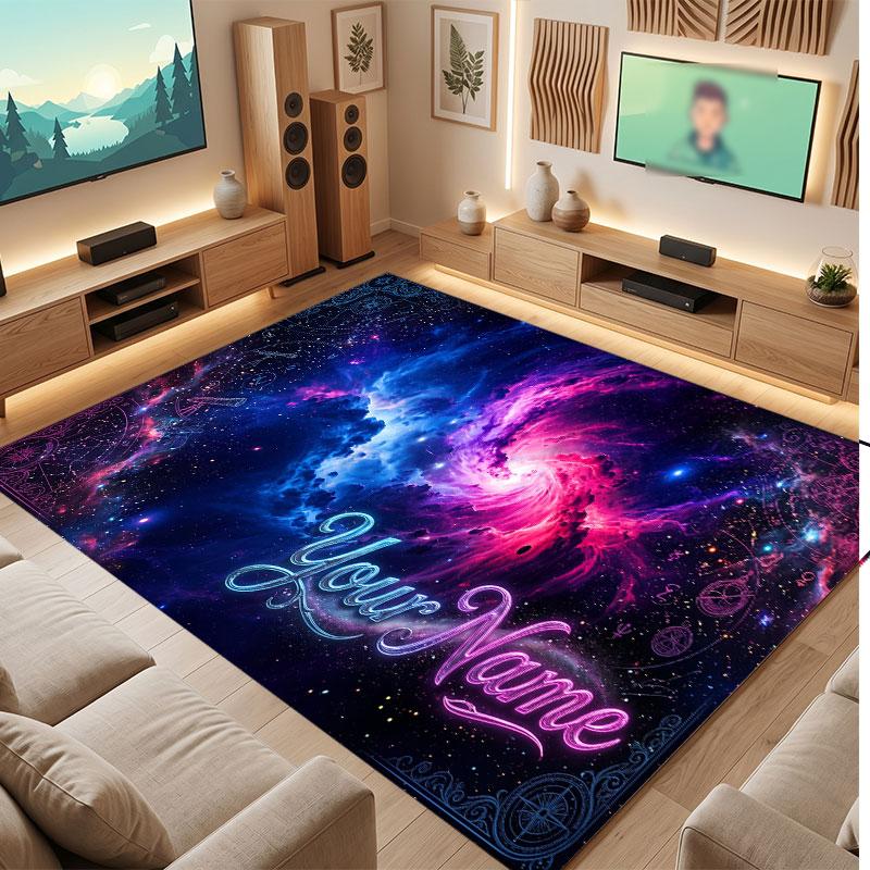 Space Cosmic Theme Crystal Velvet Floor Rug Personalized Custom Name Text Warm Carpet Home Decoration