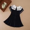 Girls Summer Dress 100% Cotton Navy Blue Clothes for Kids Aged 2-6 Years with White Collar Short Sleeves Children Dresses