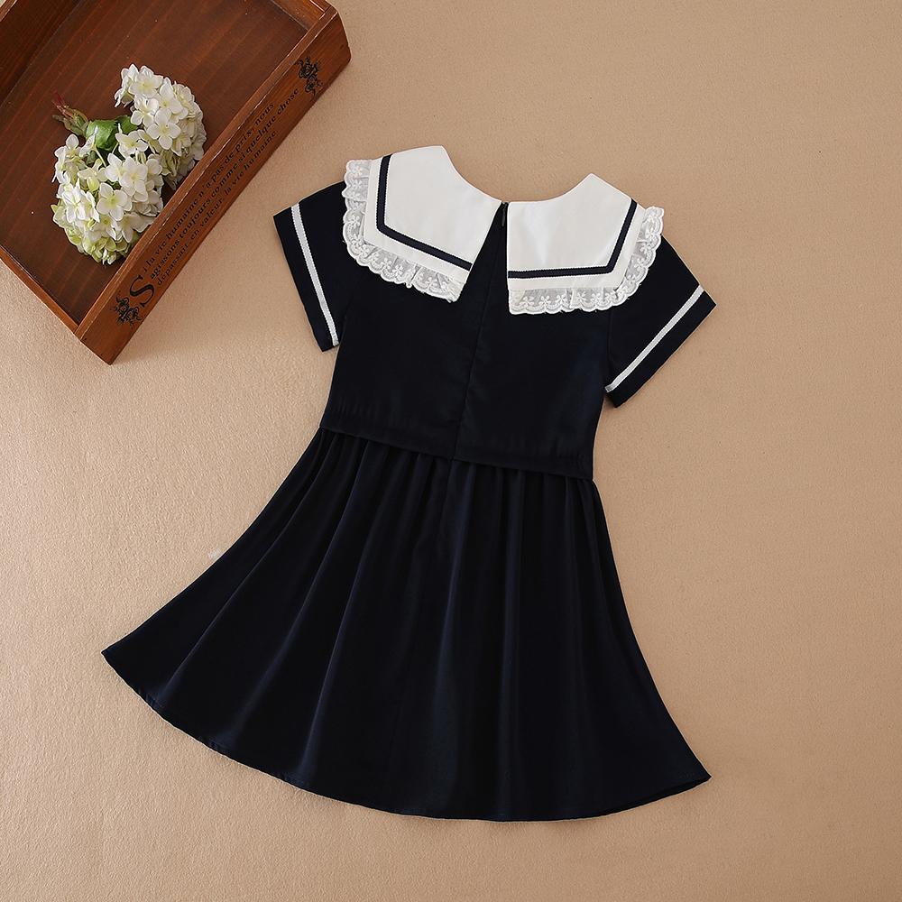 Girls Summer Dress 100% Cotton Navy Blue Clothes for Kids Aged 2-6 Years with White Collar Short Sleeves Children Dresses
