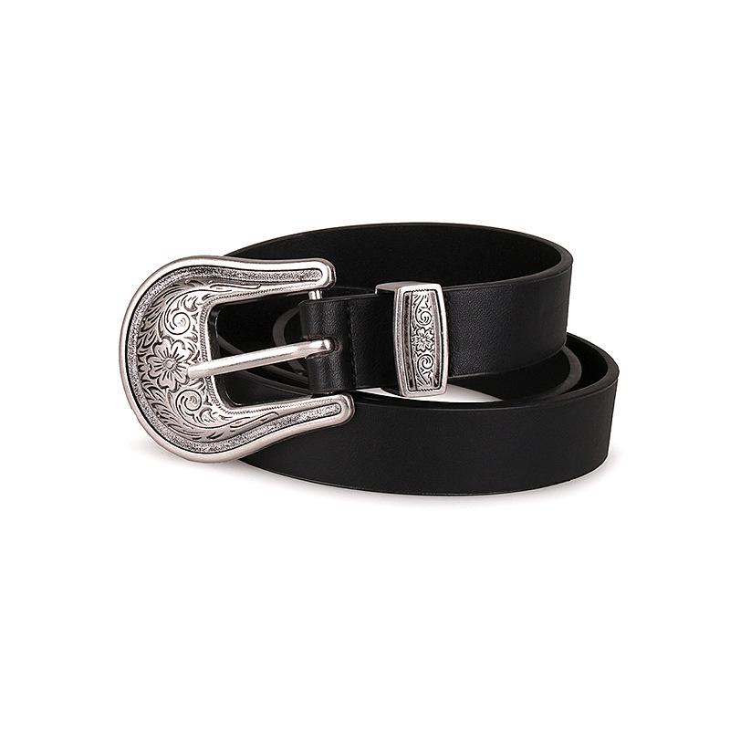 New European and American Western Buckles Ancient Silver Carved Retro Pin Buckle Versatile Women's Belt Black Accessories Belt