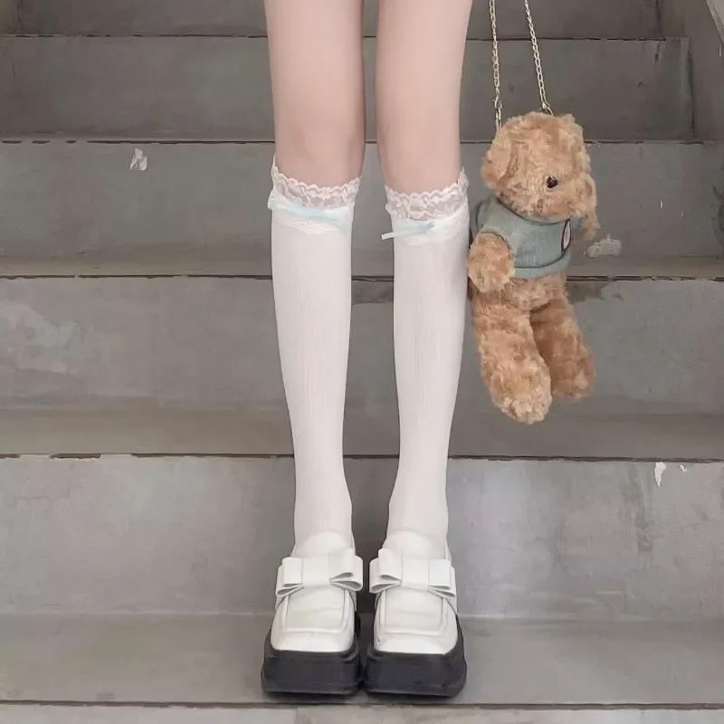 Women Lolita Lace-edge Bow Velvet Stockings Mid Leg Socks Thin Breathable Soft Cute College Style Kawaii JK Knee High Calf Socks