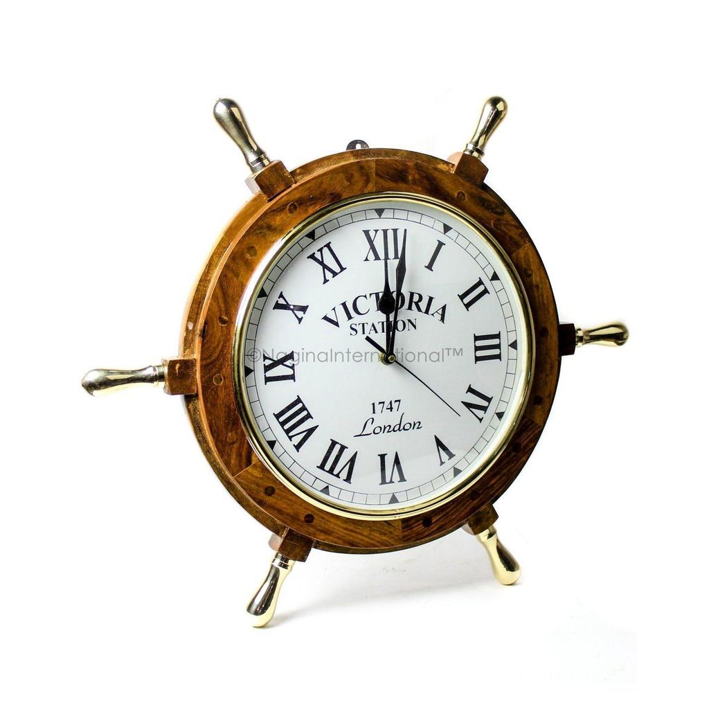 Handcrafted Nautical Ship Wheel Roman Dial Time's Wall Clock with Polished Solid Brass Handles | Ship's Steering Wheel Decor Clock | Maritime Gifts
