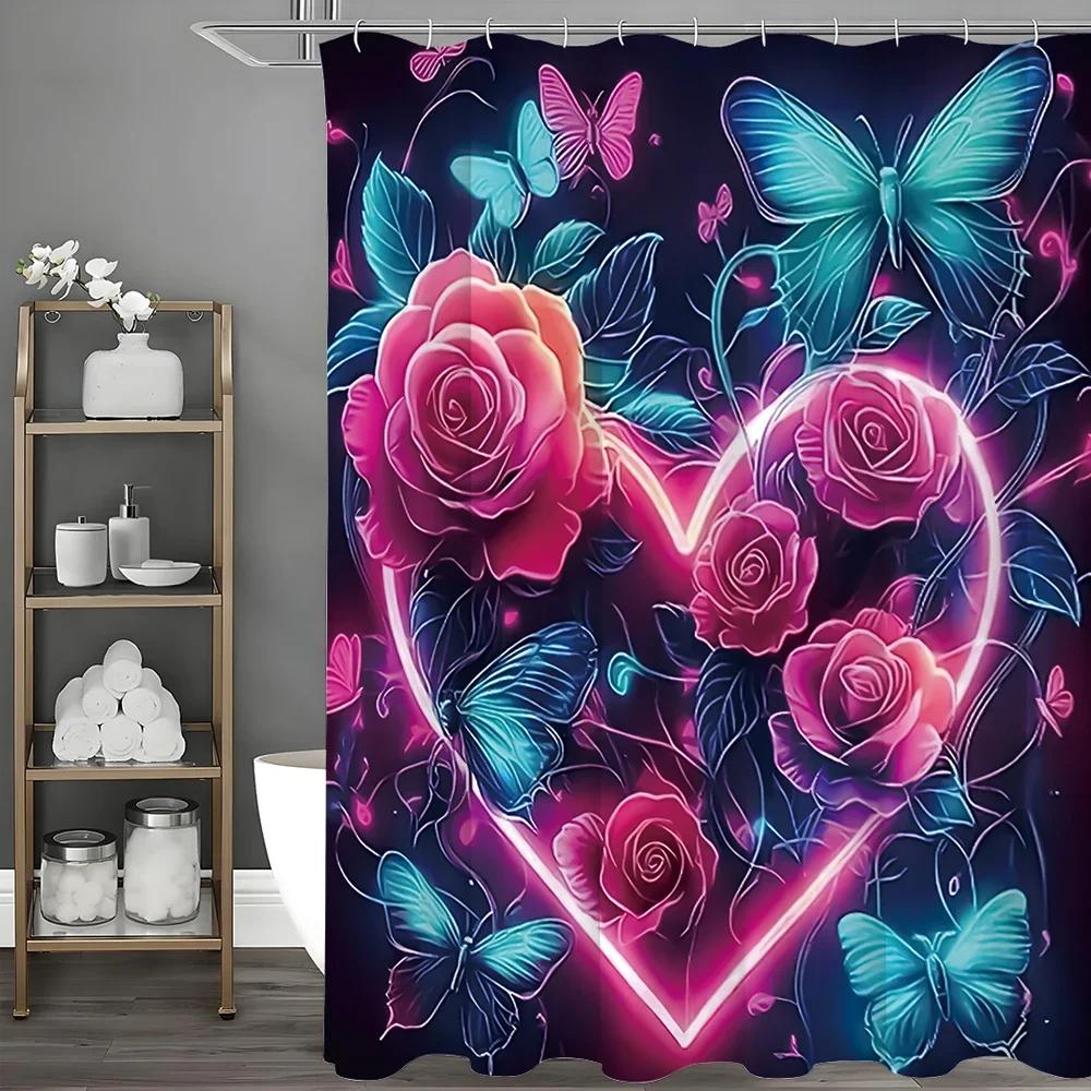 Valentine's Day Love Rose Butterfly Shower Curtain, Bathroom Decorative Shower Curtain, Waterproof Shower Curtain with Hooks