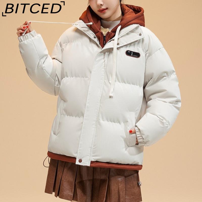 BITCED Pseudo-Two-Piece Cotton Coat Unisex Winter Fashion Contrast-Colour Hooded Sweatshirt Thickened Warm Cotton Jacket