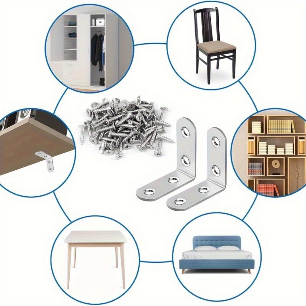 Un set de 50 de bucăți, inclusiv 10 console cu unghi drept de 90 de grade cu 40 de șuruburi, accesorii pentru console în formă de L potrivite pentru rafturi din lemn, scaune, mese
