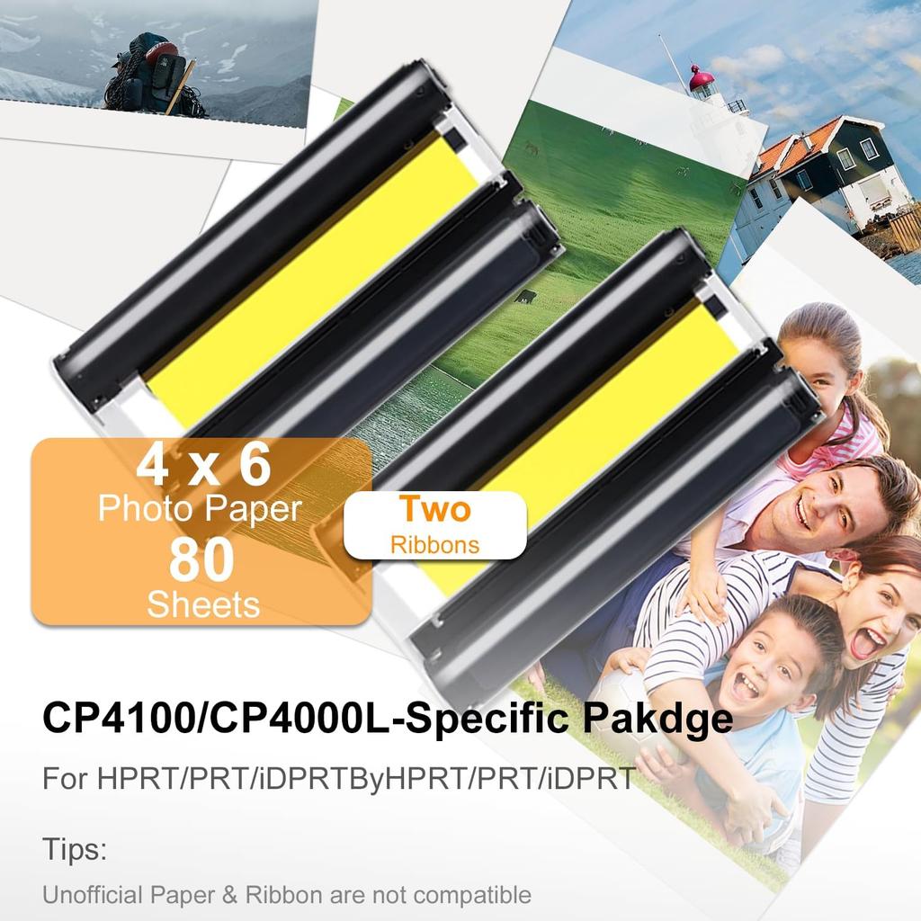 Compatible for M100/M200 4x6" Photo Printer 80 Sheets Photo Paper & 2 Ink Cartridges Refill,80 Sheets 4"X 6" Photo Paper Glossy and Two Ribbons for