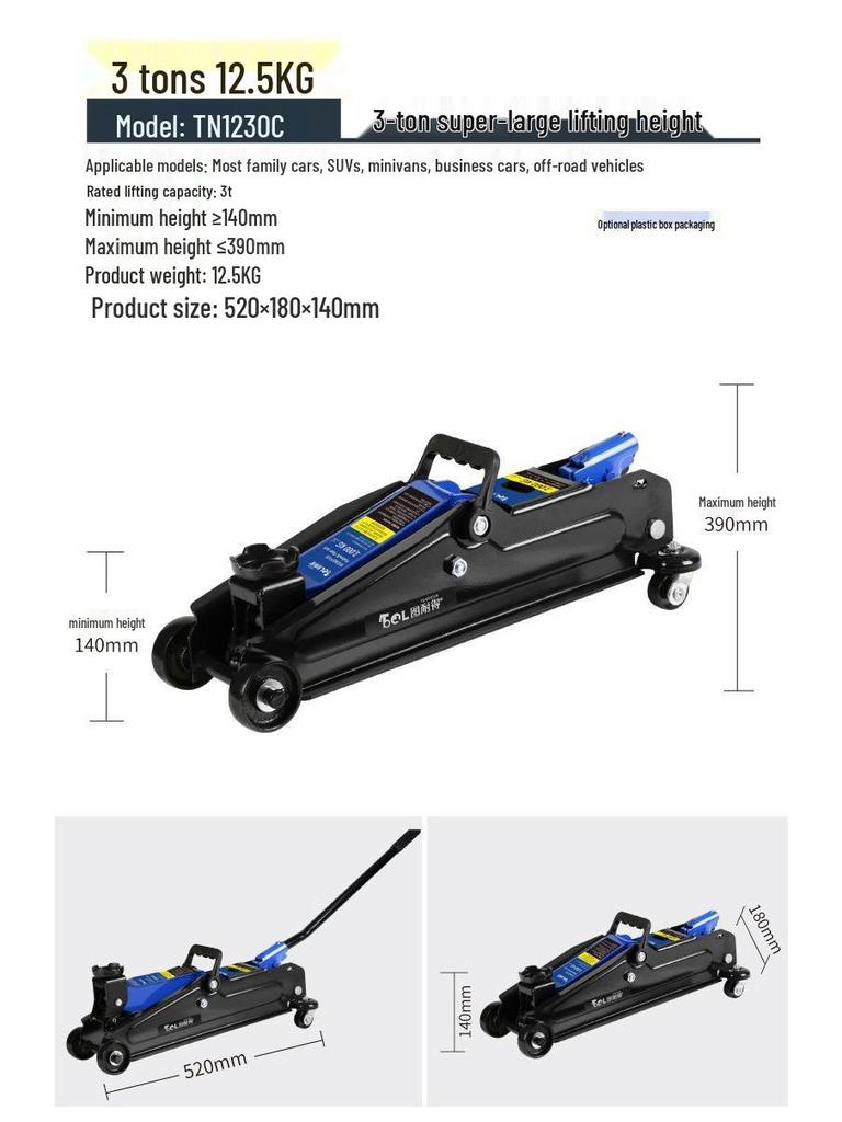 Horizontal Hydraulic Jack for Auto Repair: 3, 4, 5 Ton Capacity - Ideal for Small Cars, Trucks, and Tire Changes.