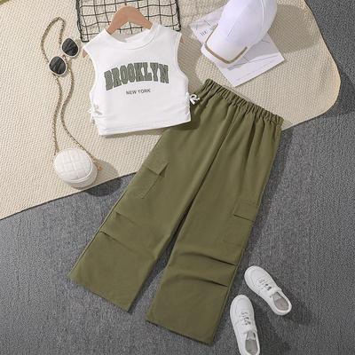 Girls' 2025 Summer Casual Two-Piece: Sleeveless Letter Top & Cargo Pants Set