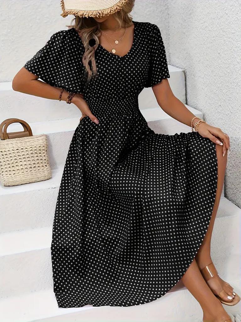 2026 European and American women's clothing spring and summer new express buy hot sale V-neck polka dot pullover casual dress