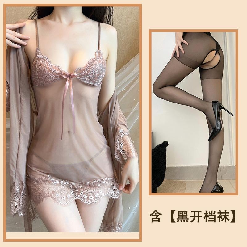 Sexy Women's Pajamas, Be Careful, Large Size Lace Mesh Yarn, Pure Desire Wind, Hot Transparent Robe, Four-piece Home Furnishing