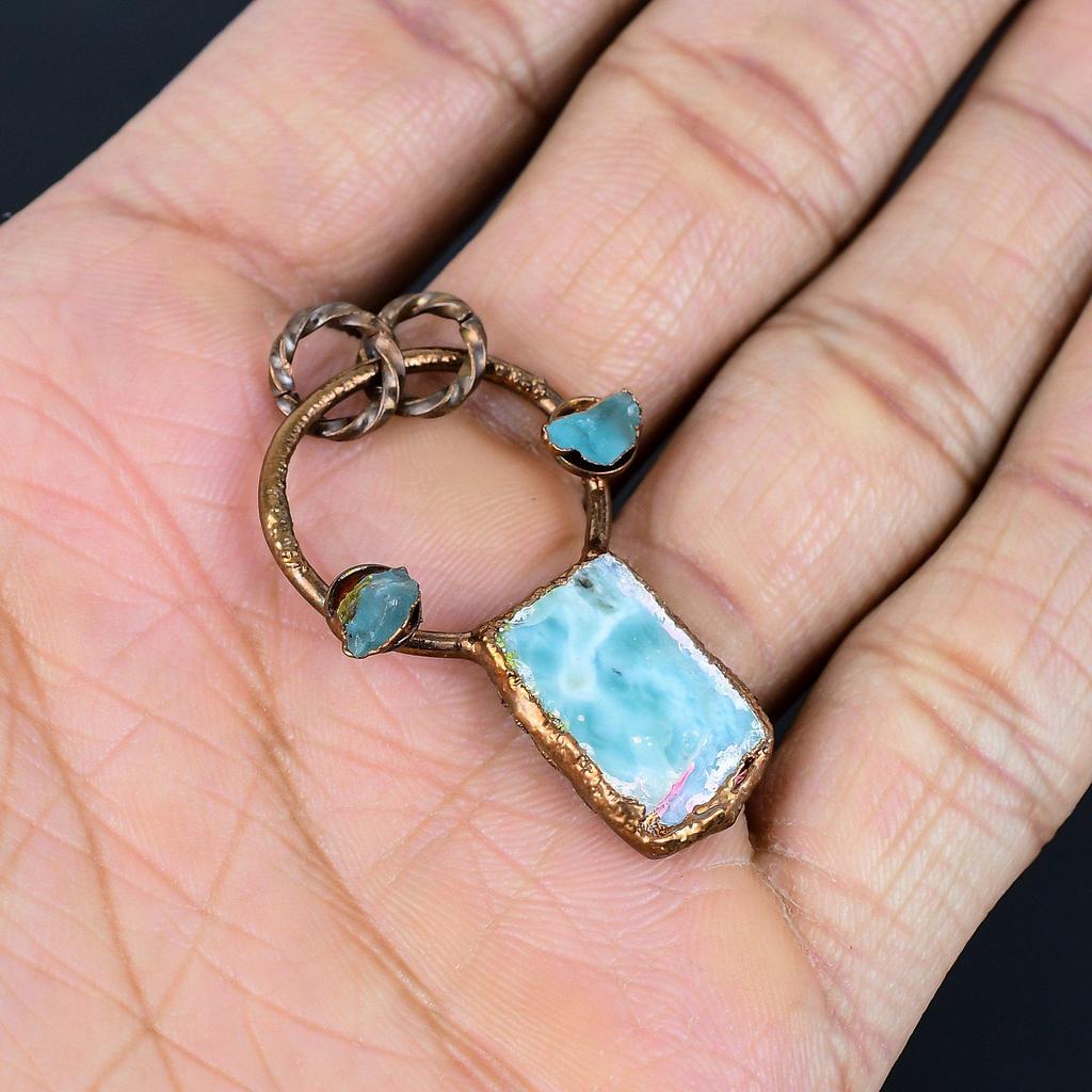 Larimar Pendant Gemstone Jewelry, Copper Electroformed Silver Pendant, Handmade Jewelry Birthstone Pendant, Gift For Him