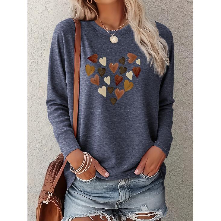 Women's Simple Heart-Shaped Combination Love Print One-piece Casual Long-sleeved Elegant Summer Top Fashionable and Cute T Vintage Loose-fitting