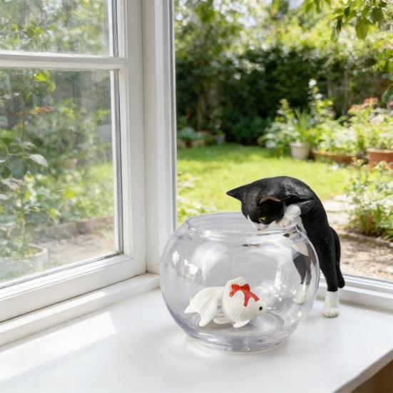 4 Pcs Cute Cat And Goldfish In Fish Tank Figurine Small Aquarium Animal Ornament