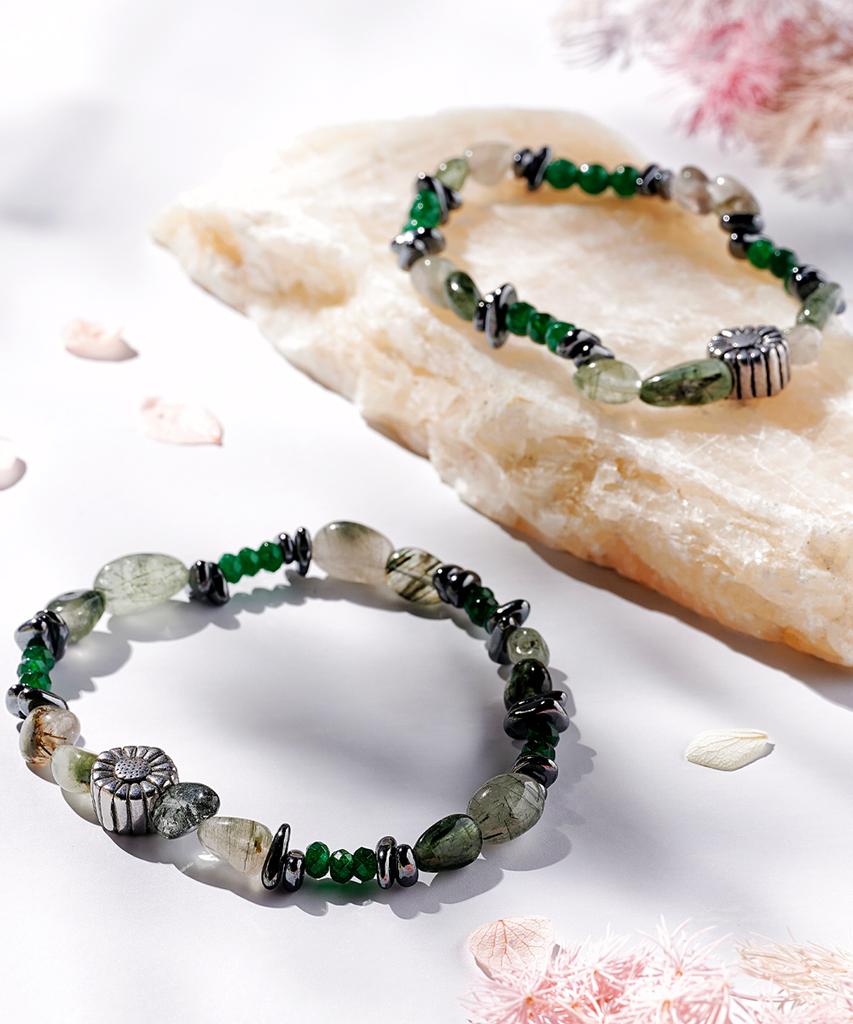 Polalita Sunflower Green Asymmetrical Stone Mix Bracelet (Plt-Br-024_Gn)