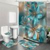4 Pcs Elegant Blue And White Floral Printed Shower Curtain, Apartment Bathroom Shower Curtain Set, Hotel Bathroom Curtain