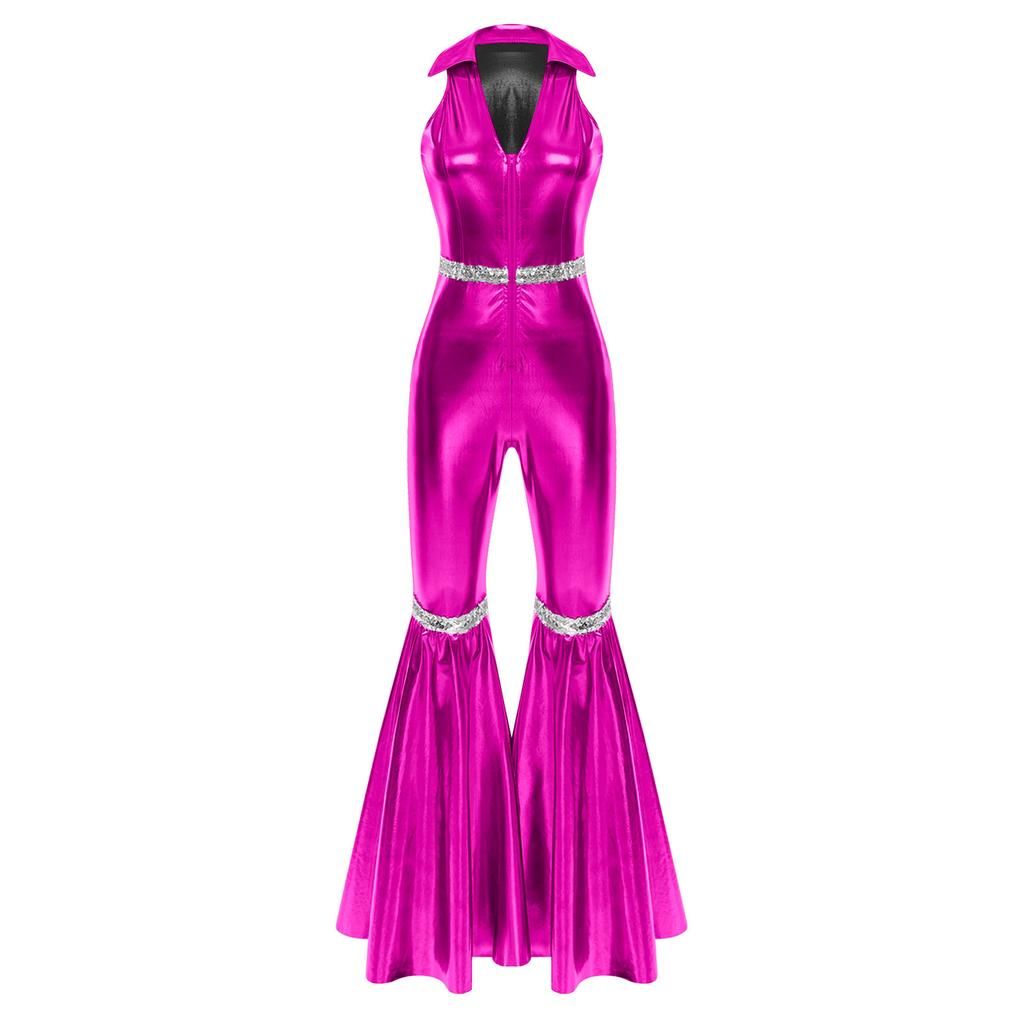 Dámský Retro Disco Kombinéza Límec V výstřih Bez rukávů Design s flitry Zvonové Kalhoty Přední zip Kombinéza