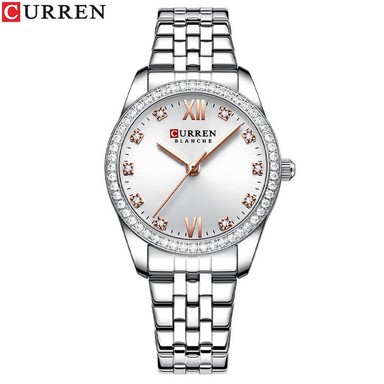 

CURREN новые женские часы, модные часы с бриллиантами, маленькие легкие, с тонким стальным ремешком, модные водонепроницаемые кварцевые часы