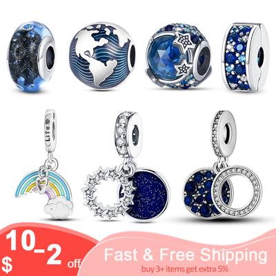 Silver Color Star Moon Balloon CZ Zircon Glass Beads Charm Fit Original Brand Bracelet Bangle Jewelry Gift