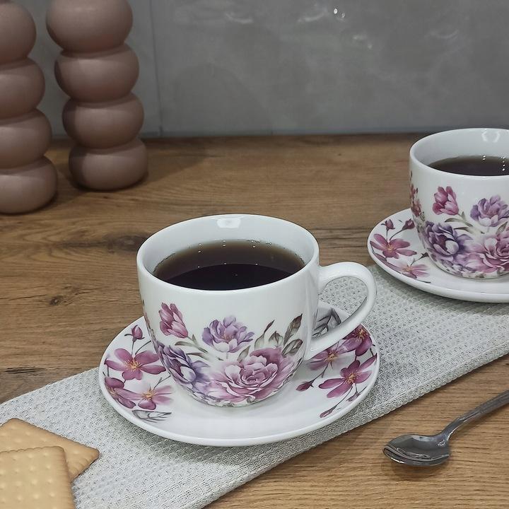 Livello Komplet 2 Filiżanek Porcelanowych Ze Spodkiem 250 Ml / 14 Cm Kwiaty