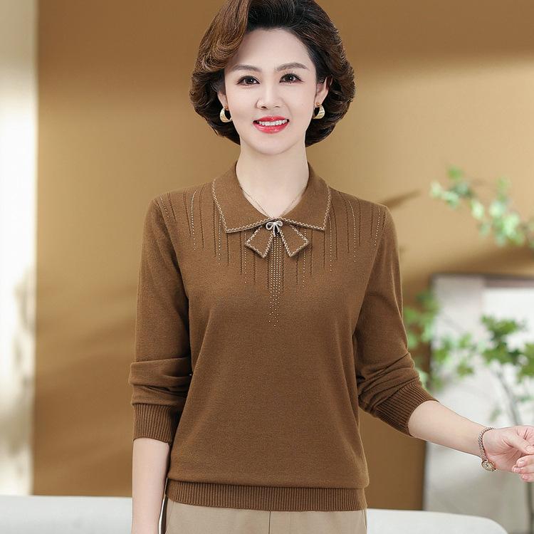 Middle-aged and Elderly Women's Spring Clothes Long-sleeved T-shirt Middle-aged Mother Loose Base Shirt Top Ladies Age-reducing Clothes Casual