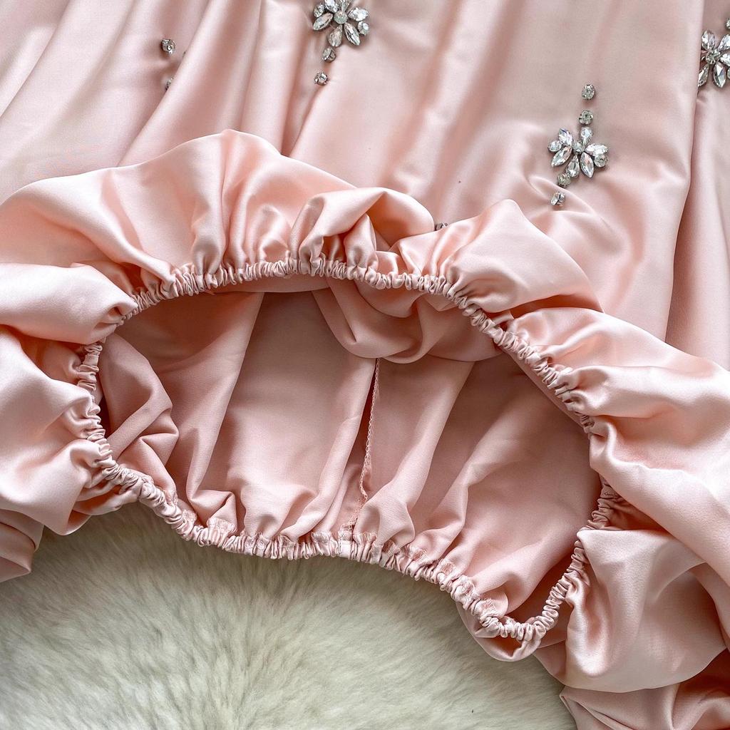 European & American Heavy Rhinestone Lantern Sleeve Satin Top - Women's Autumn Loose Waist Top