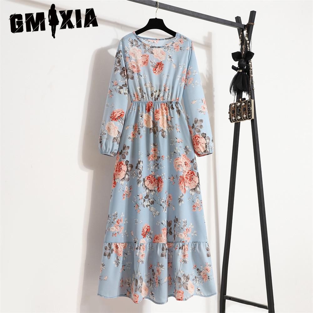 GMXIA 25 Colors Spring Women Maxi Dresses Casual Long Sleeve Floral Print O-Neck Ladies Long Dress Bohe Beach Party Mujer Vestidos Muslim Dress